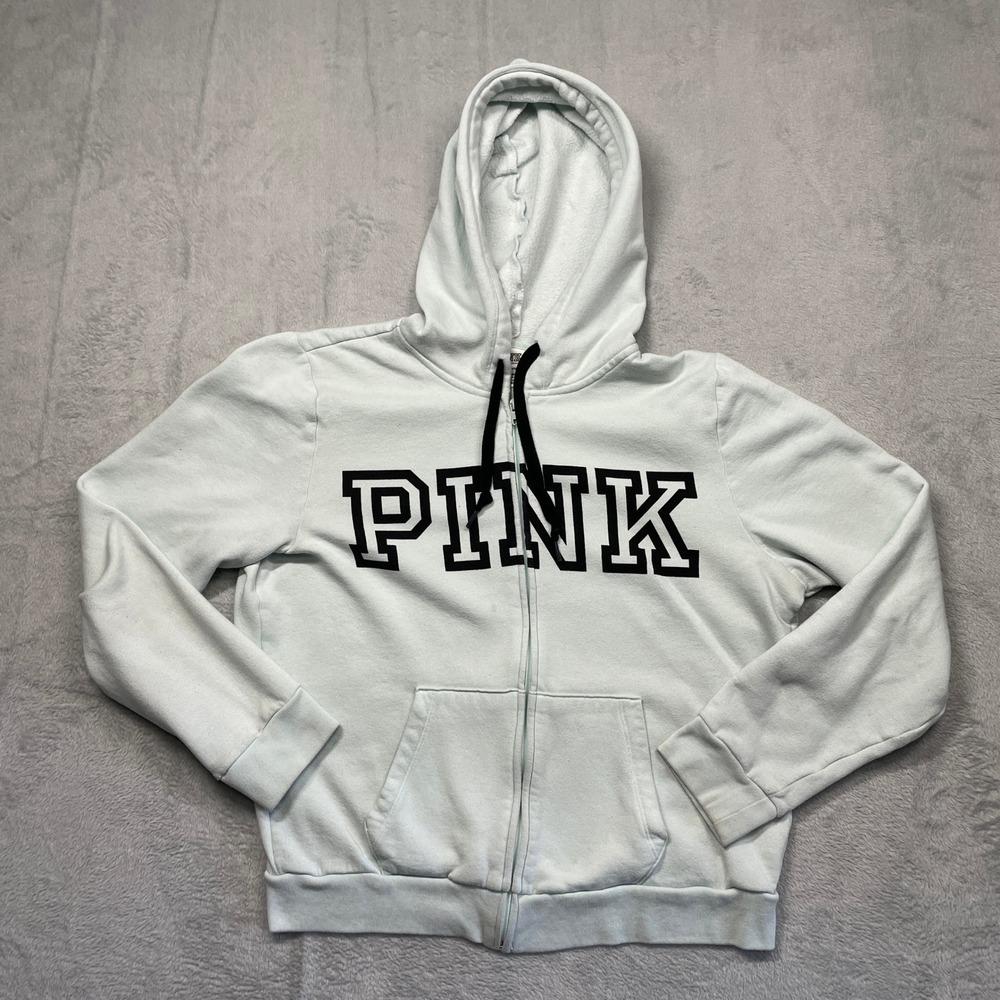 PINK Victoria's Secret Full Zip Hoodie Women XL Light Blue Logo Athleisure